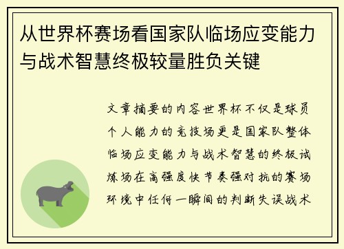 从世界杯赛场看国家队临场应变能力与战术智慧终极较量胜负关键
